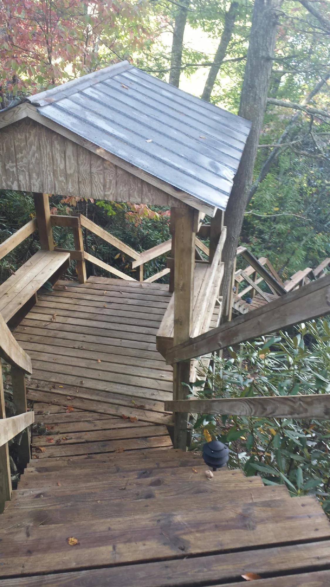 Metal roofed shelter over wooden steps on a wooded walkway — Skylight Repair & Installation work by our crew in Spartansburg